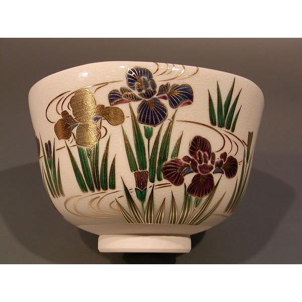茶道具 抹茶茶碗 色絵 花菖蒲画、 京都 相模竜泉作、桐共箱 新品