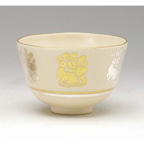 茶道具　抹茶茶碗　色絵　花兎（はなうさぎ）、京焼　相模竜泉作、桐共箱　新品_1