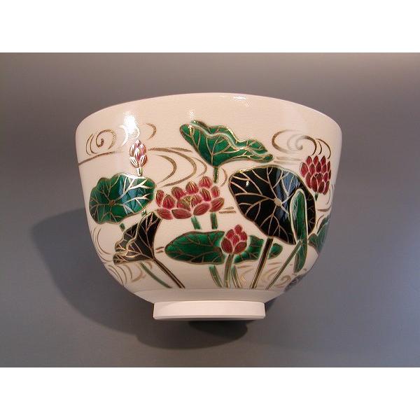 茶道具 抹茶茶碗 色絵 蓮（はす）画、京都 相模竜泉作 桐共箱