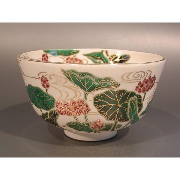 茶道具 抹茶茶碗 色絵 蓮（はす）画、京都　相模竜泉作、桐共箱　新品、