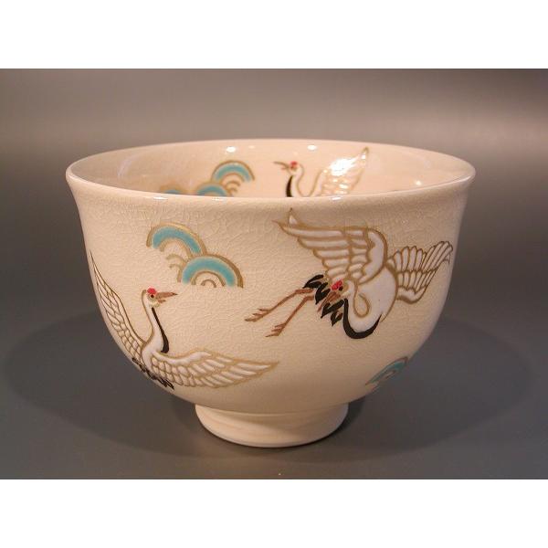 茶道具　抹茶茶碗　色絵　鶴、京焼　山川敦司作、桐共箱　新品。