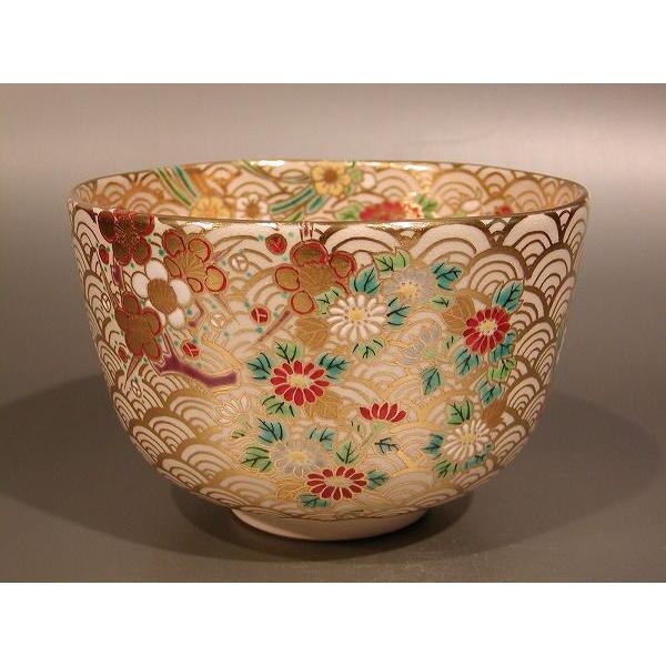 茶道具 抹茶茶碗 金青海波 花丸四季顕花植物、京焼 三代 加藤利昇作 日本茶用品、茶道具-コーヒー、ティー用品-抹茶茶碗