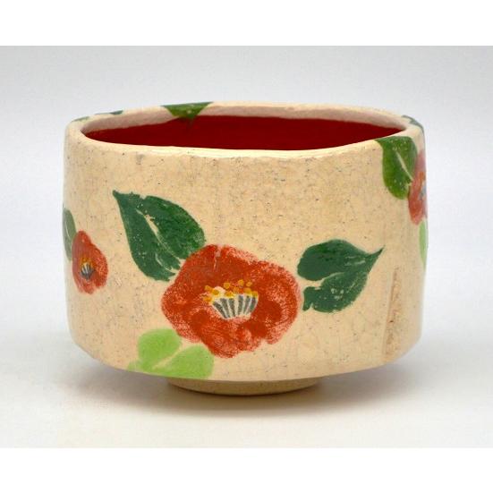 茶道具・茶器 抹茶茶碗 楽焼 椿の絵、 京都 吉村楽入作、 桐共箱 新品 