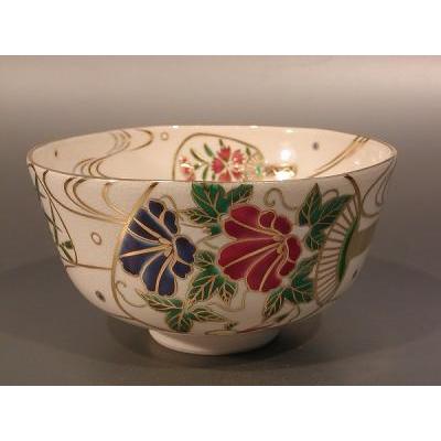 茶道具 抹茶茶碗 色絵 団扇（うちわ）画、京都 相模竜泉作、桐共