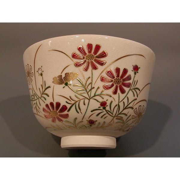 茶道具 抹茶茶碗 色絵 秋桜（コスモス）画、京都 相模竜泉作、桐