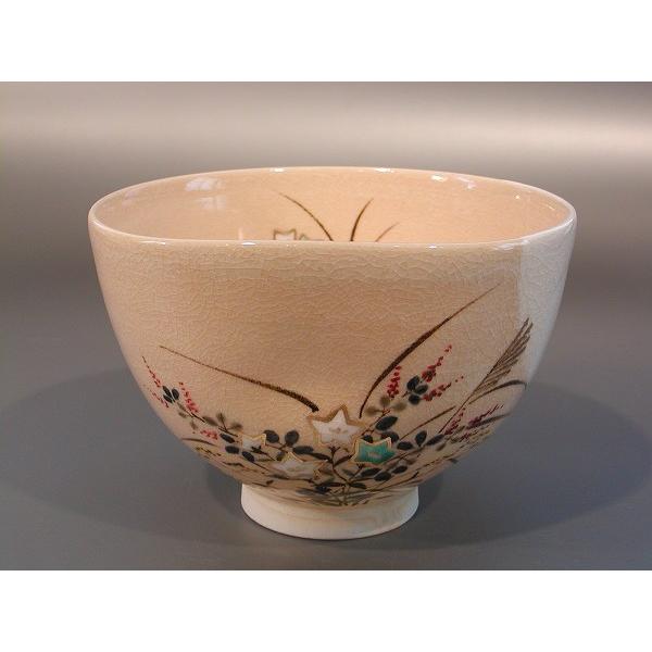 茶碗　粟田（あわた）写　月に秋草絵、山川敦司作