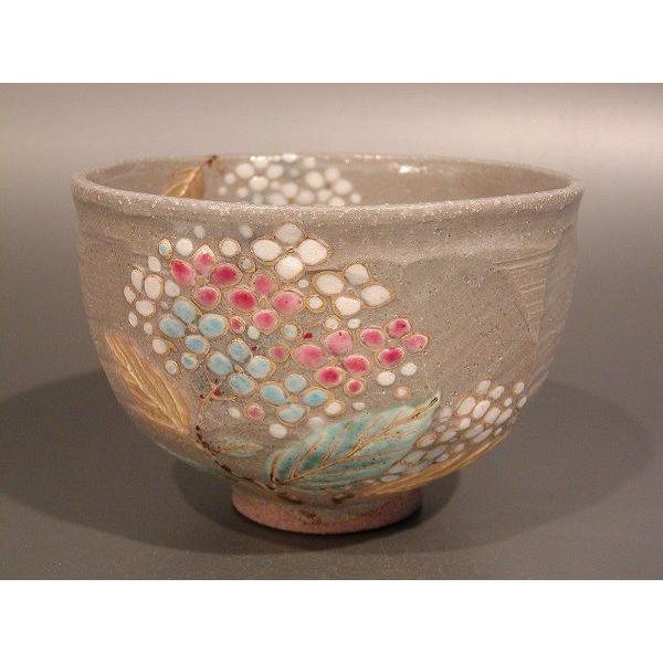 茶道具　抹茶茶碗　灰釉　紫陽花（あじさい）絵、山川敦司作