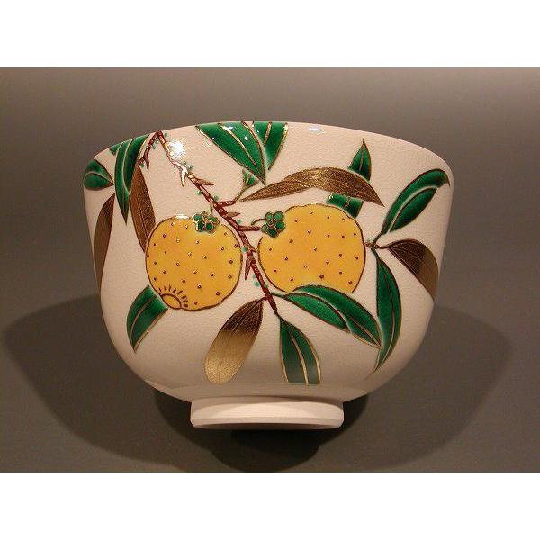 茶道具 抹茶茶碗 色絵 柚子（ゆず）画、京都 相模竜泉作、桐共箱
