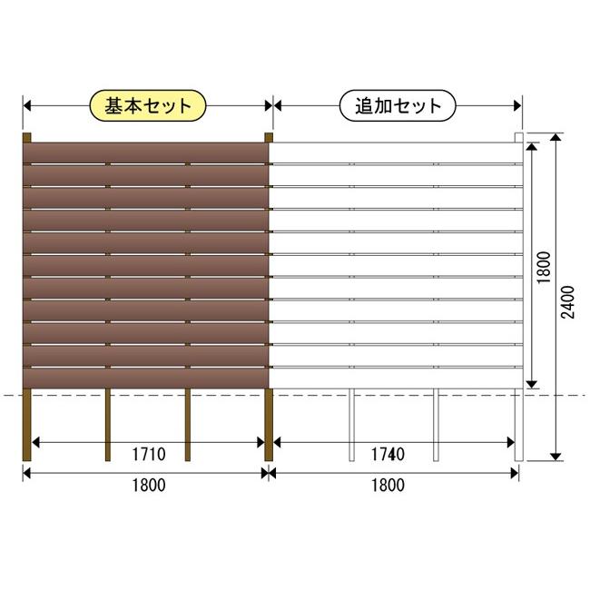 エイコー板垣セット29型　横板張カントリーフェンス片面張り基本セット人工杉板11枚(支柱：焼木目、板：ブラウン） H1800×W1800(柱2400）｜taikoh