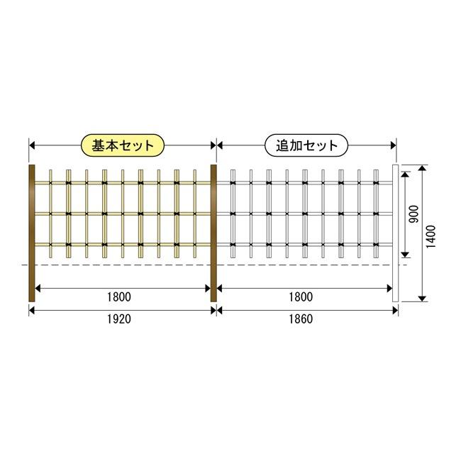 エイコー竹垣セット25型四ッ目垣900基本セット（支柱60角ブロンズ、ポール：イエロー）両柱W1920×H900mm（柱1400）｜taikoh