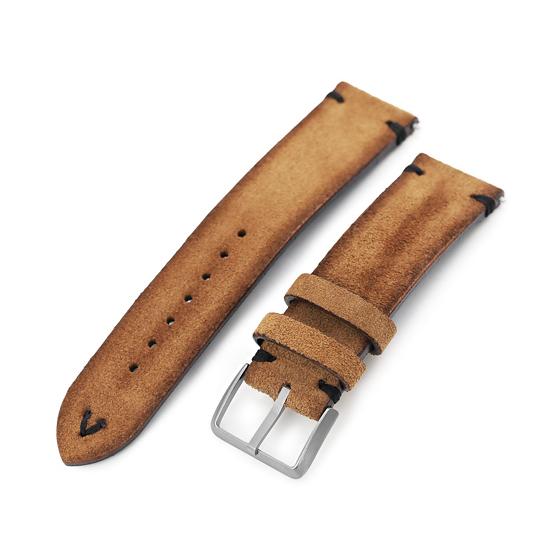 19mm MiLTAT 時計ベルト ヌバック キャメル ブラックステッチ サンドブラストバックル クイックリリース