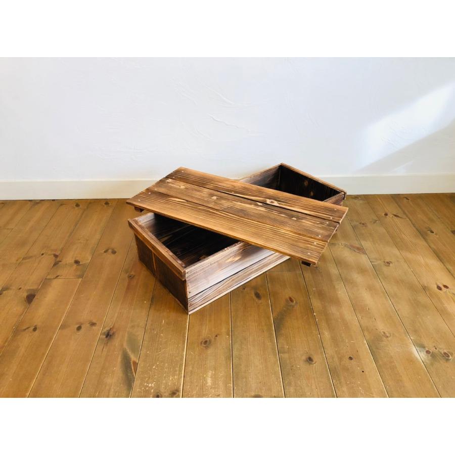 新品 蓋付 焼き目加工 りんご箱 平箱 2箱 // 複数購入可 木箱 新品 蓋付 焼き目加工 りんご箱 平箱 2箱 // 複数購入可 木箱