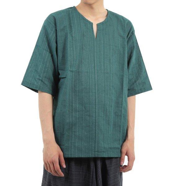 エスニック シャツ 半袖 ストライプ メンズ レディース ユニセックス キーネック アジアン M |  | 10