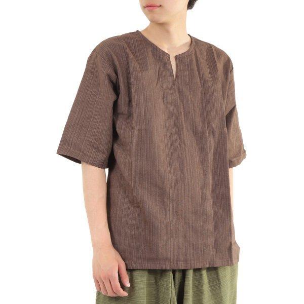 エスニック シャツ 半袖 ストライプ メンズ レディース ユニセックス キーネック アジアン M |  | 16