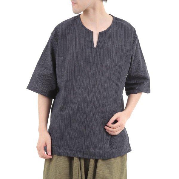 エスニック シャツ 半袖 ストライプ メンズ レディース ユニセックス キーネック アジアン M |  | 04