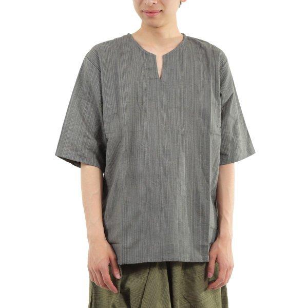 エスニック シャツ 半袖 ストライプ メンズ レディース ユニセックス キーネック アジアン M |  | 08