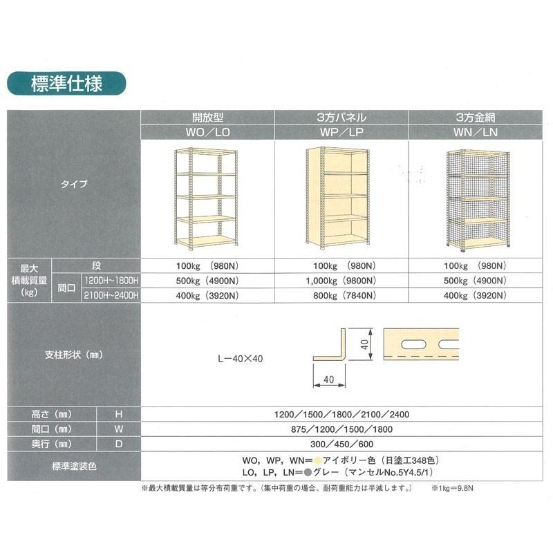 100kg/段 W875×D300×H1500 3段 扶桑金属工業 軽量 スチール 棚 ラック WO1509S03 アイボリー_6