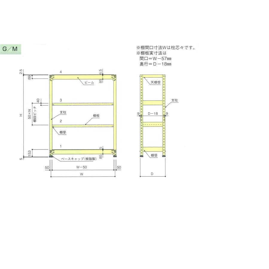 300kg/段 幅 W900×奥行 D450×高さ H1500 アイボリー 単体 4段 WG1509M04T ボルトレス 中量棚 扶桑金属工業_2