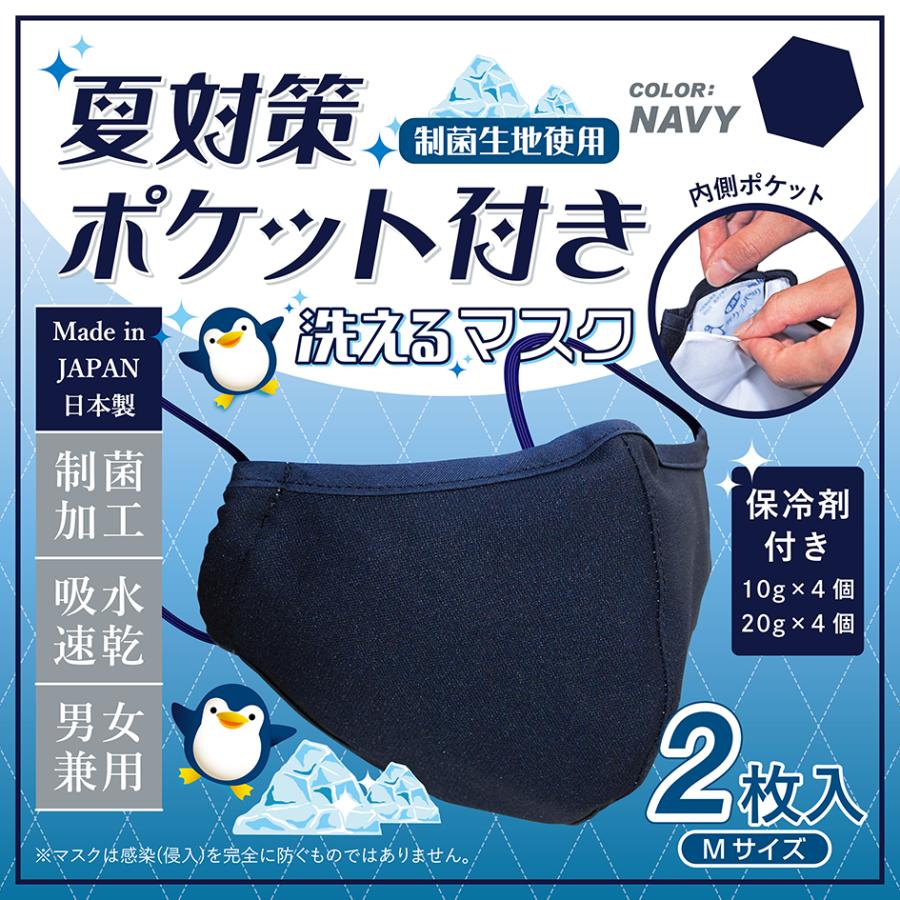マスク ネイビー 保冷剤 付き M 2枚 布マスク 洗える 制菌 秋冬 大きい