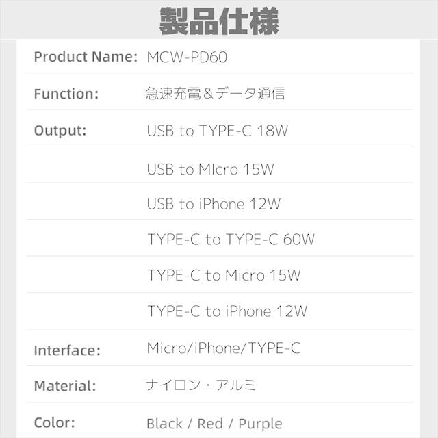 充電ケーブル マグネット 式 タイプc type-c PD60W 3in1 1m iPhone ライトニング Micro 急速充電 |  | 15
