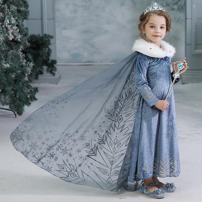 仮装衣装　エルサ風 アナ雪 エルサ風 ドレス 子供 コスプレ 長袖 マント付 ファー付