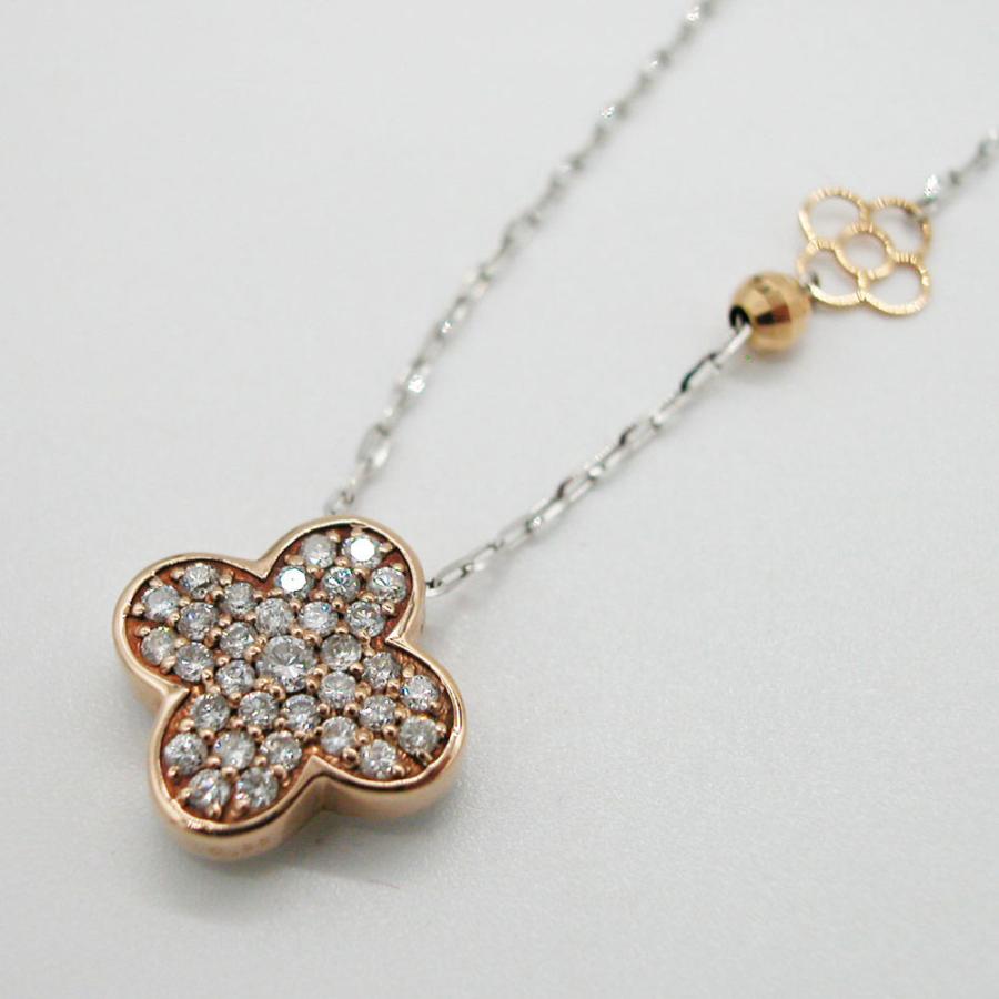 K18ピンクゴールド ホワイトゴールド クローバーデザインダイヤモンド 0.33ct シェルペンダントロングネックレスの画像