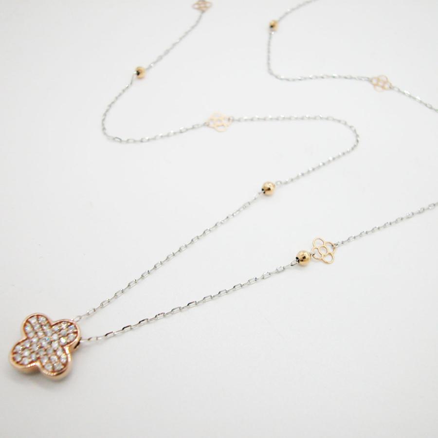 K18ピンクゴールド ホワイトゴールド クローバーデザインダイヤモンド 0.33ct シェルペンダントロングネックレスの画像