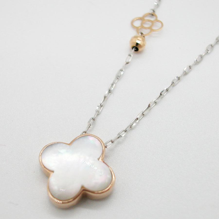 K18ピンクゴールド ホワイトゴールド クローバーデザインダイヤモンド 0.33ct シェルペンダントロングネックレスの画像