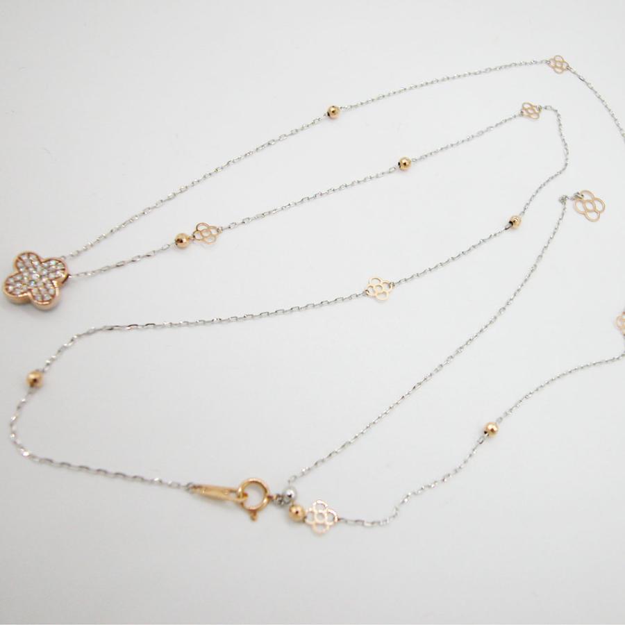 K18ピンクゴールド ホワイトゴールド クローバーデザインダイヤモンド 0.33ct シェルペンダントロングネックレスの画像