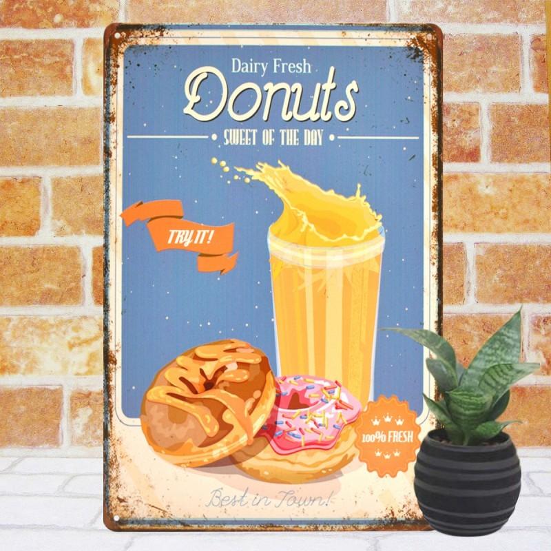 ブリキ看板s ドーナツ オレンジジュース スイーツ ポスターアート