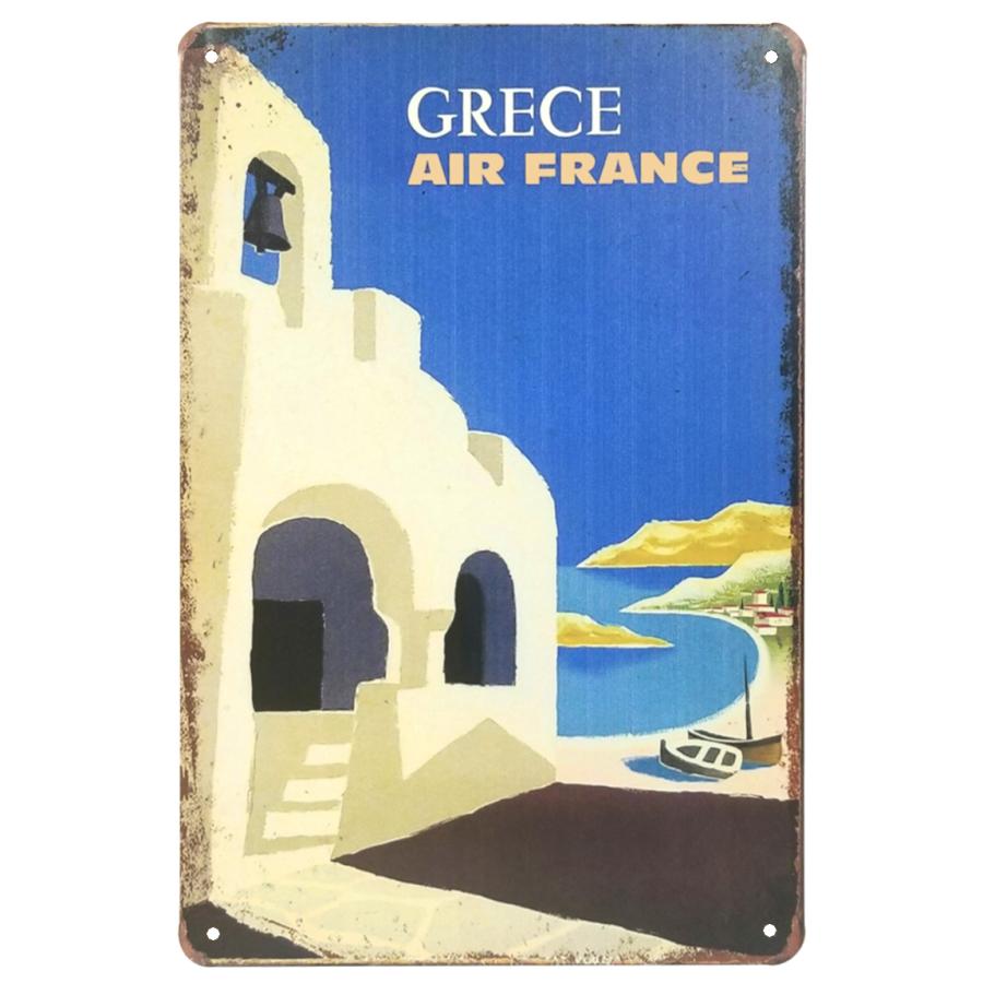 北欧 アートパネル ブリキ看板k ギリシャ 教会と海辺 エーゲ海
