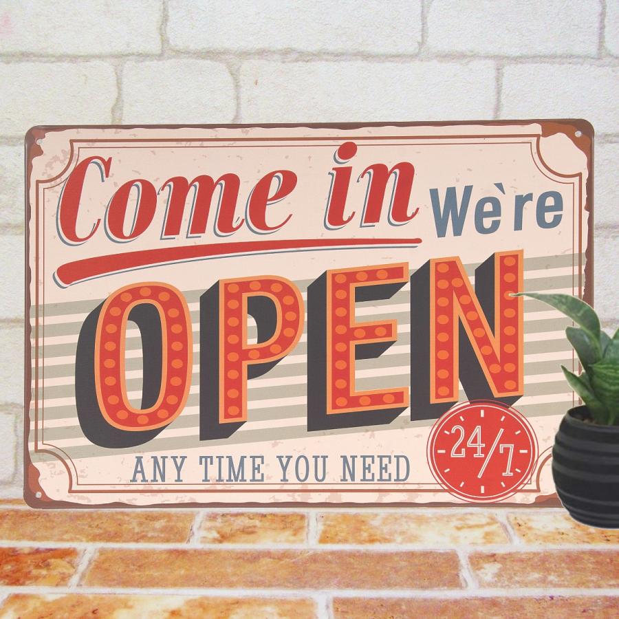Open 看板 おしゃれ ブリキ看板 オープン Ci2 開店 カフェ Bar バー レストラン インテリア ポスター サインボード サインプレート 英語 アメリカン雑貨 オープニング