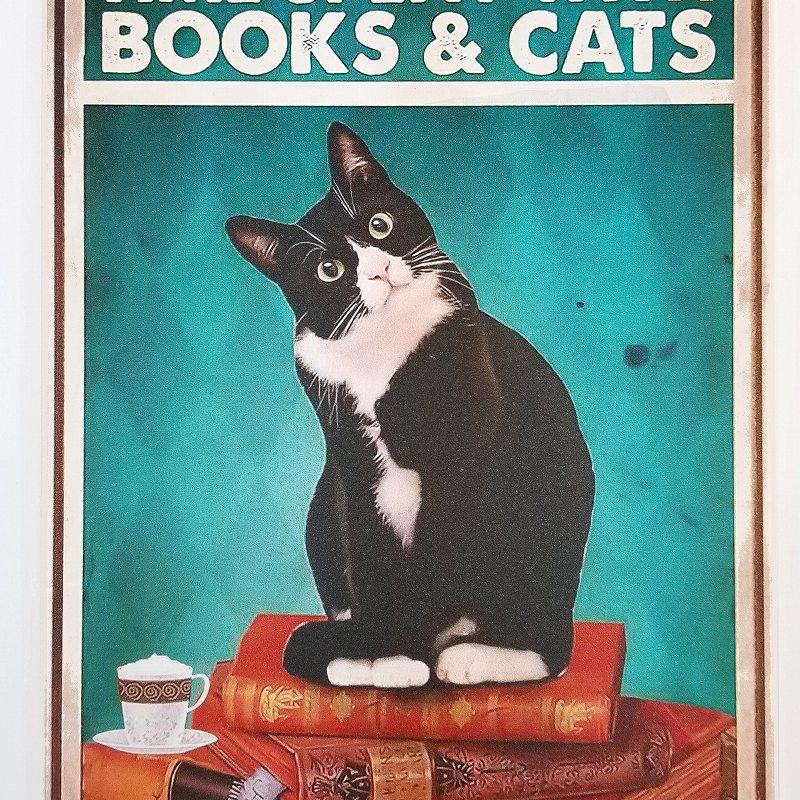 デザイン看板 A4】黒猫 ハチワレ★本ポスター絵 グッズ ブリキ看板クロネコ雑貨 デザイン看板 A4】黒猫 ハチワレ☆本ポスター絵 グッズ ブリキ