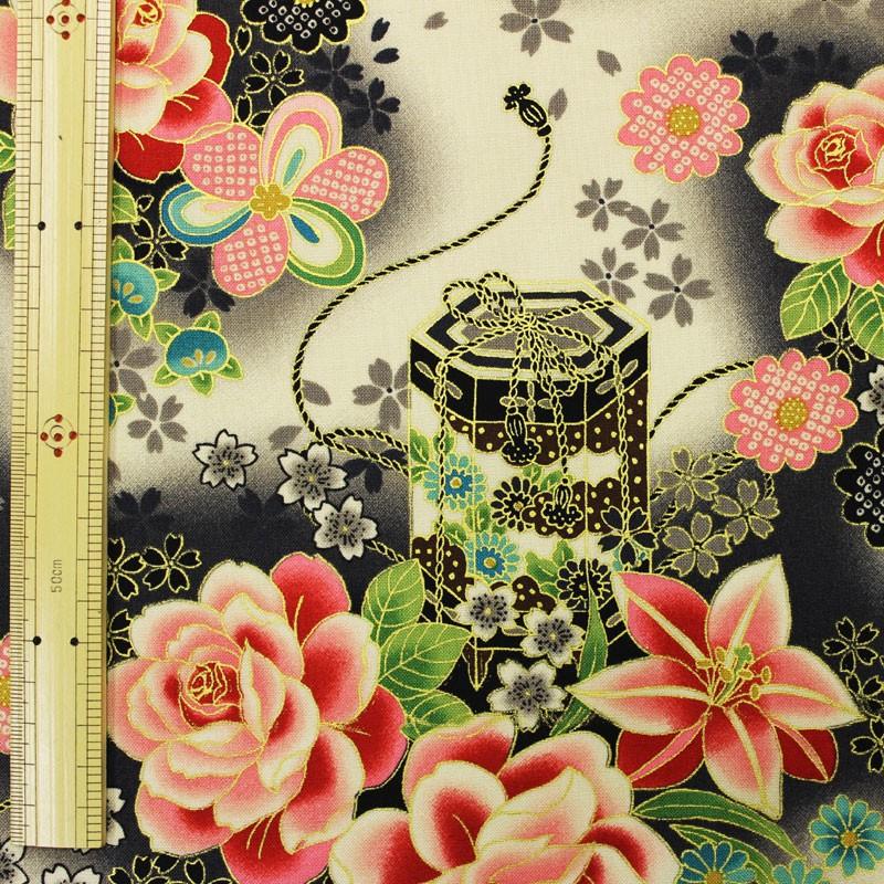 和調木綿（金彩花鞠と花行灯文様）黒 : 布の但馬屋ヤフー店 - 通販 