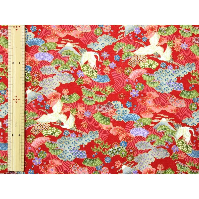 和柄 民芸の里 金彩鶴に古典扇文様 全5色 110cm幅 10cm単位 切り売り