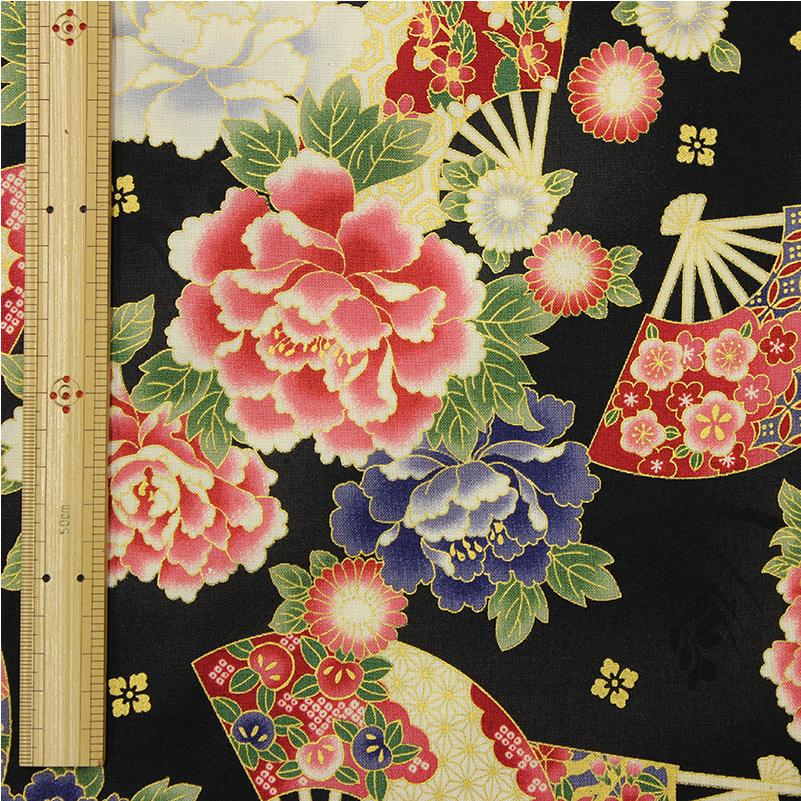 和柄 百花繚蘭 吉祥文様 金彩扇文 黒色 約110cm幅 10cm単位