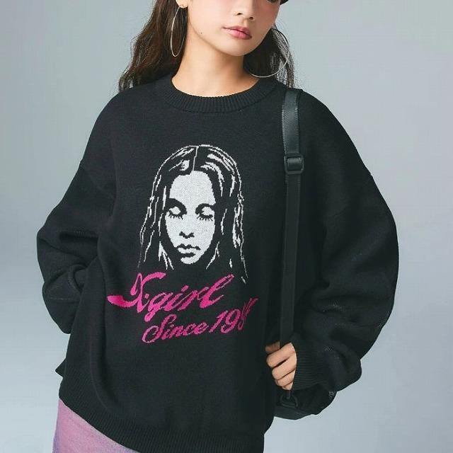 15%OFFセール X-girl エックスガール ニット セーター CURSIVE LOGO AND FACE JACQUARD KNIT TOP フェイス ニットトップス レディース 人気ブランド 正規品 SALE | X-girl