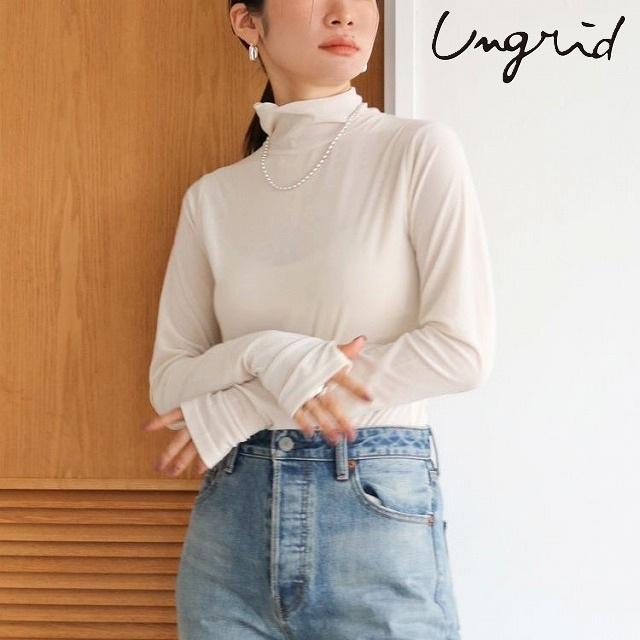 50%OFFセール Ungrid アングリッド シアーベロアハイネックロングスリーブTee 長袖トップス ハイネック ホワイト ブラック レディース sale | Ungrid