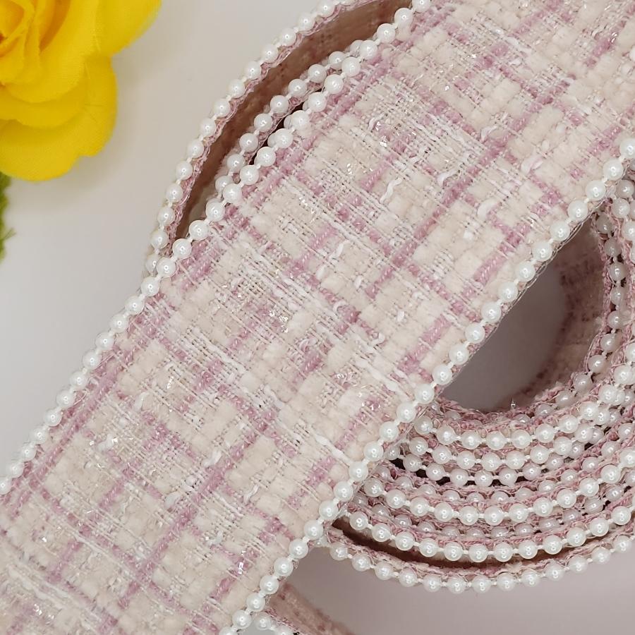 40mm幅 ツイードリボン パール付きリボン パールエッジ ラメ入り 両面