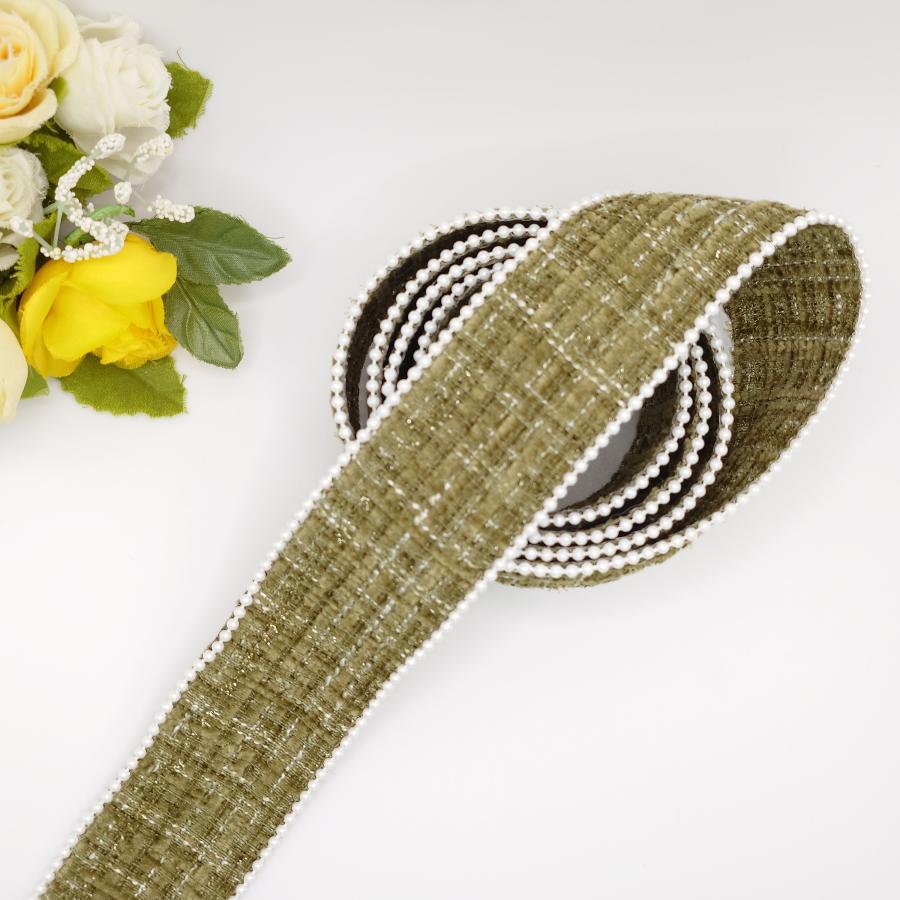 40mm幅 ツイードリボン パール付きリボン パールエッジ ラメ入り 両面