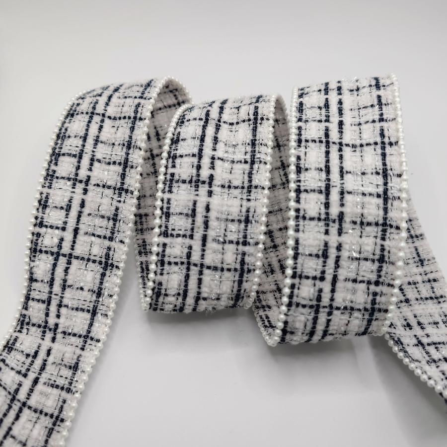 40mm幅 ツイードリボン パール付きリボン パールエッジ ラメ入り 両面