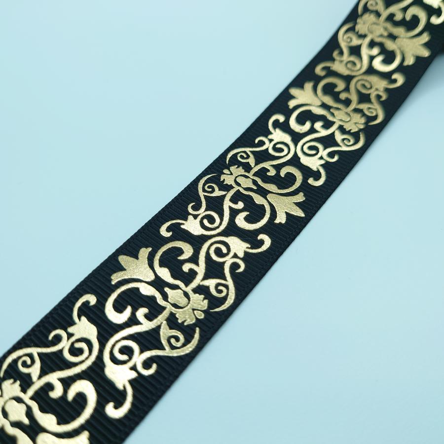25mm幅 ゴールド箔押し リーフ柄 トライバル柄 グログランリボン 2m