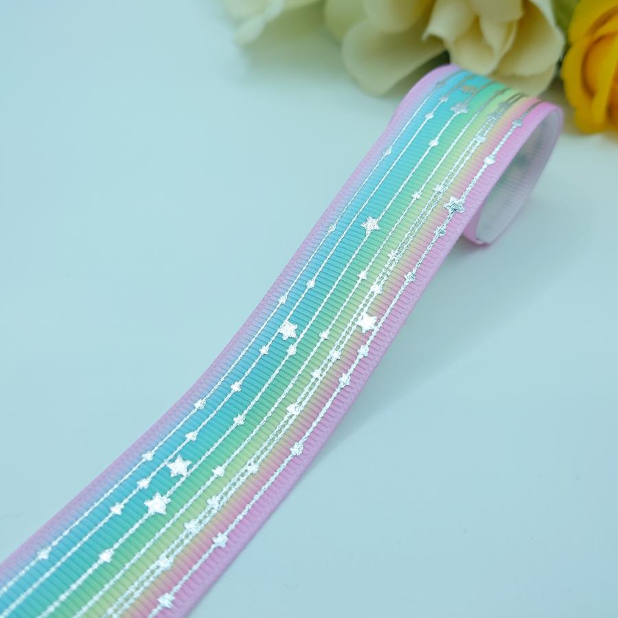 25mm幅 シルバー箔押し シルバープリント ストライプ スター