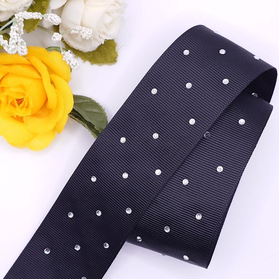 38mm幅 ラインストーン付きグログランリボン 2m 黒