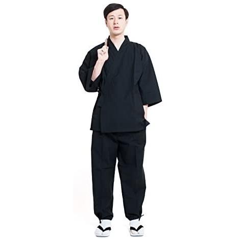 作務衣 メンズ おしゃれ 通年 日本製 綿 男性 無地 紬織 久留米 ギフト 六花 Rocca ブラック L Pymr Go Th