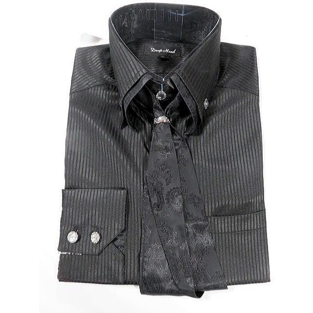 スカーフ付き シャツカラー 2重襟ストライプ柄 ドレスシャツ