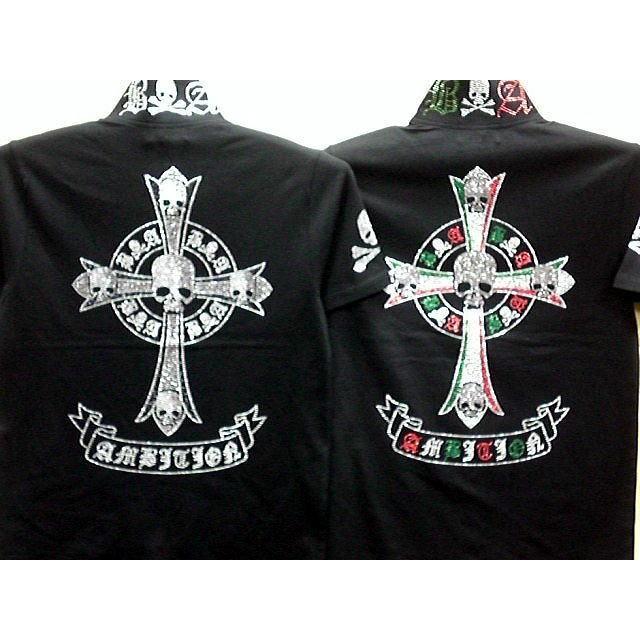 Be Ambition ジップアップ半袖Tシャツ　クロス＆スカルラインストーン　ビーアンビション