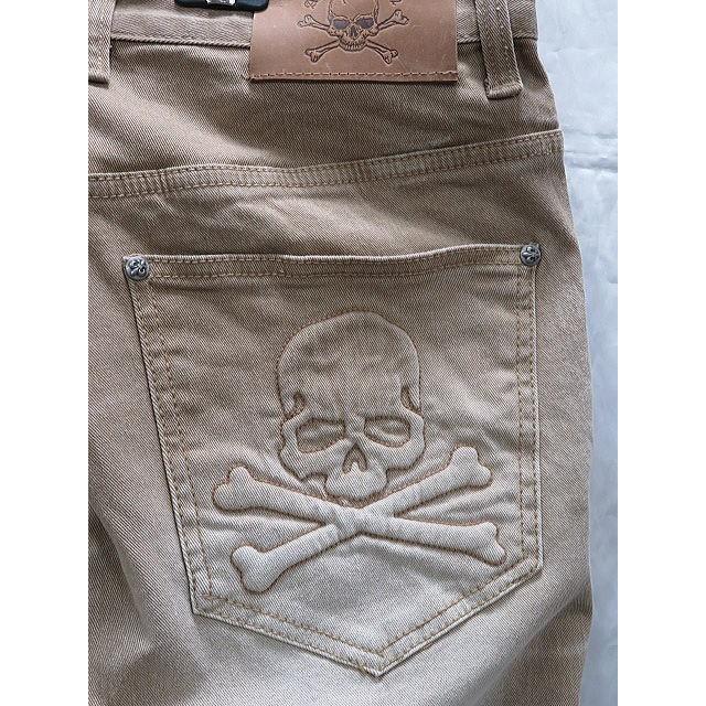 ビーアンビション スカル エンボス ストレッチ チノ バイカーパンツ BE