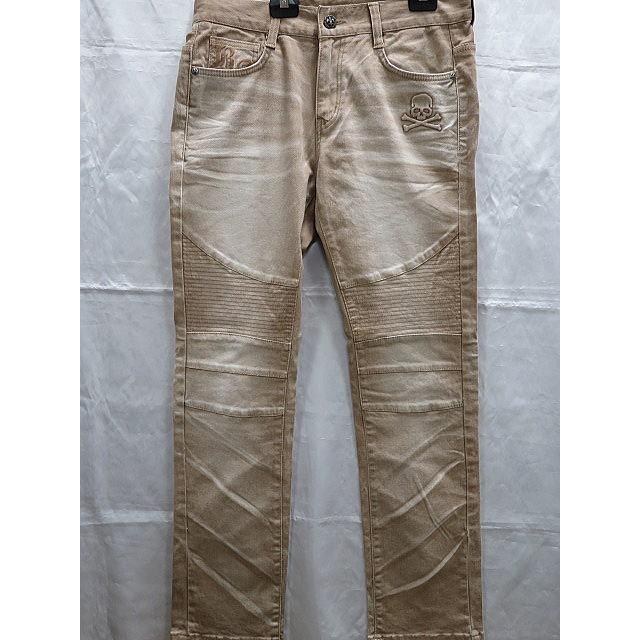 ビーアンビション スカル エンボス ストレッチ チノ バイカーパンツ BE