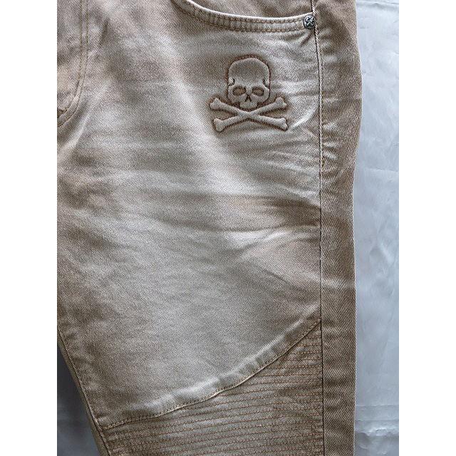 ビーアンビション スカル エンボス ストレッチ チノ バイカーパンツ BE